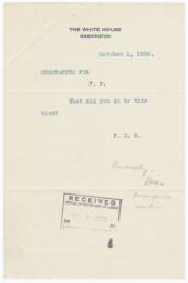 President Franklin Delano Rooselvet memo to Frances Perkins about Bailey's telegram
