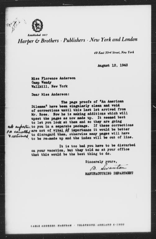 Letter from M. Swanton of Harper & Brothers Manufacturing Department to Florence Anderson, August 12, 1943