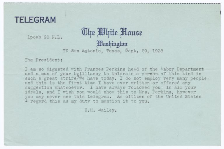 Bailey telegram to President Franklin Delano Roosevelt about Secretary of Labor Frances Perkins