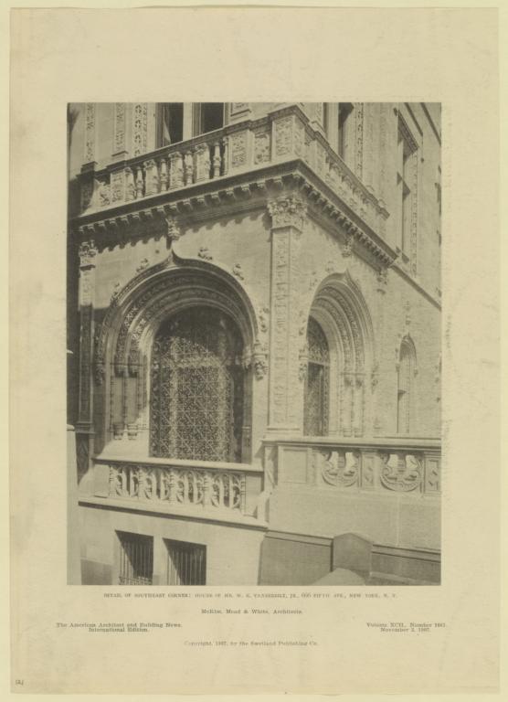 Detail of Southeast corner: House of Mr. W. K. Vanderbilt, Jr., 666 Fifth Ave., New York, N. Y. McKim, Mead & White, Architects