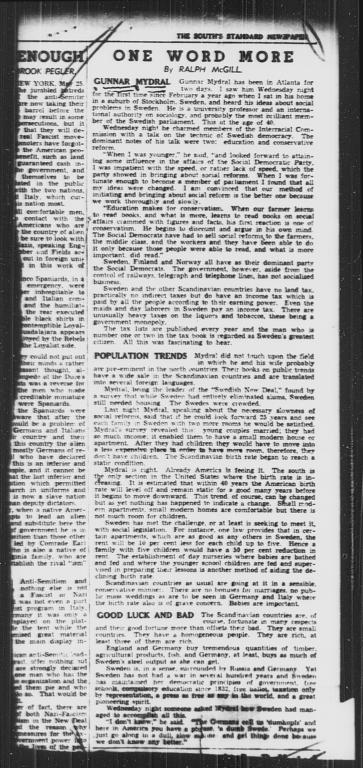Article by Ralph McGill on Gunnar Myrdal from the Atlanta Constitution; enclosed with May 27, 1939 letter from Howard W. Odum to Frederick P. Keppel