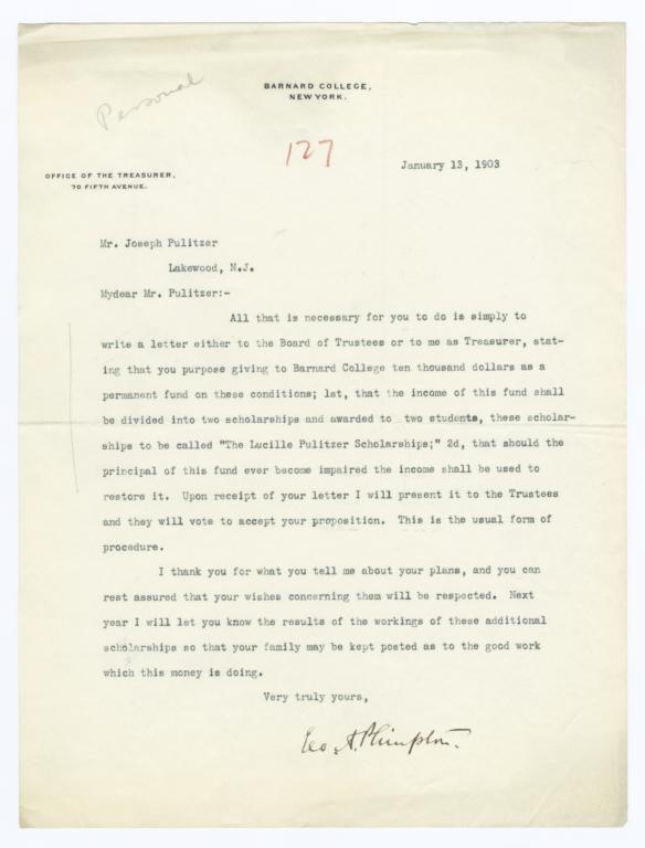 Typed Letter, Signed, To Joseph Pulitzer