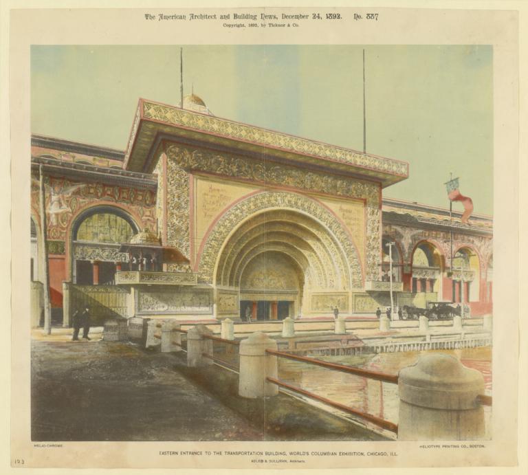 Eastern entrance to the Transportation Building, World's Columbian Exhibition, Chicago, Ill. Adler & Sullivan, Architects