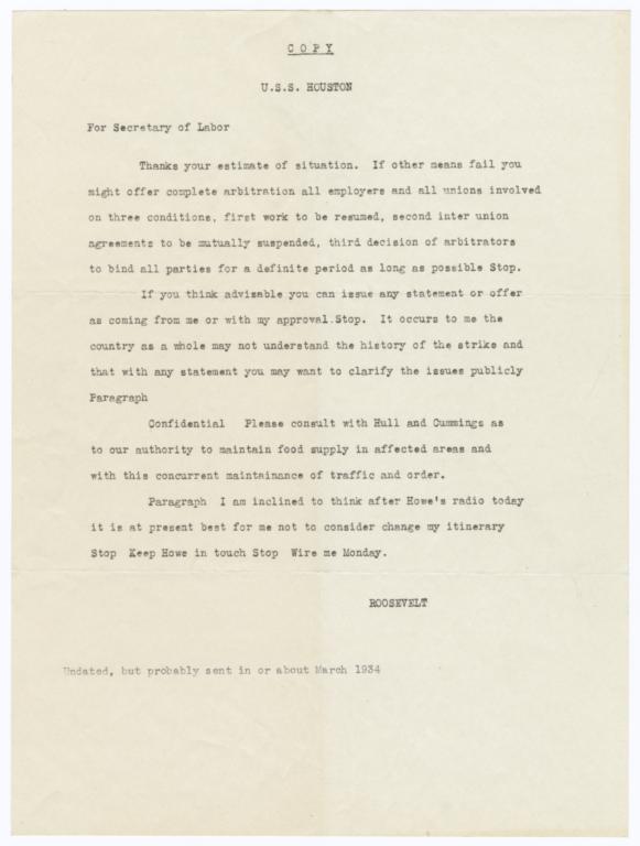 Copy of telegram from President Franklin Roosevelt to Secretary of Labor Frances Perkins about Pacific Coast Strike