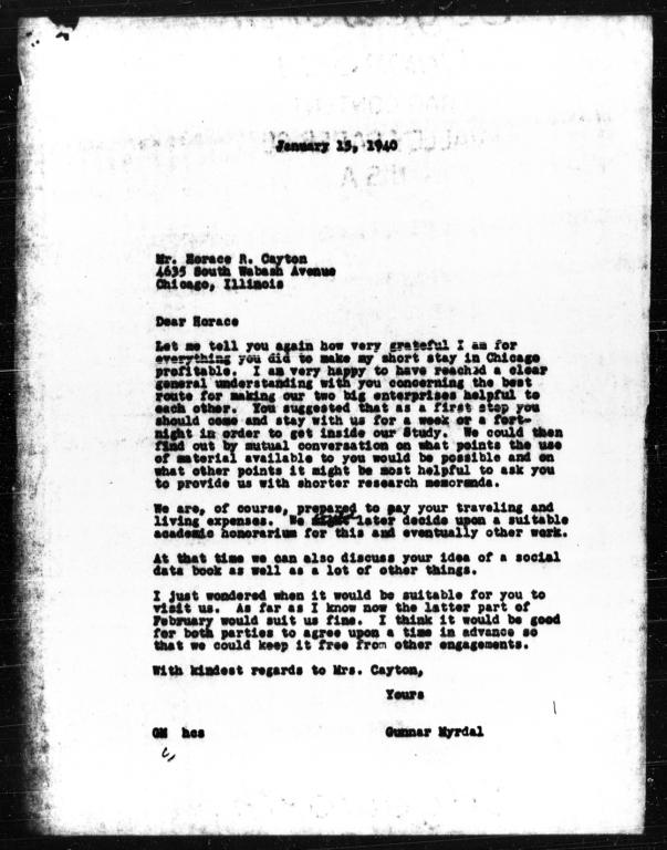 Letter from Gunnar Myrdal to Horace R. Cayton, January 15, 1940