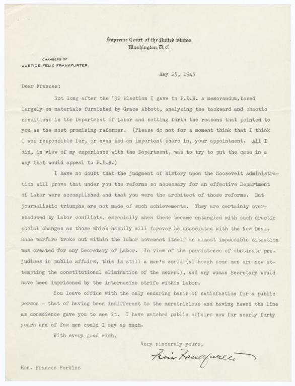 Letter from Felix Frankfurter to Frances Perkins on her job as Secretary of Labor
