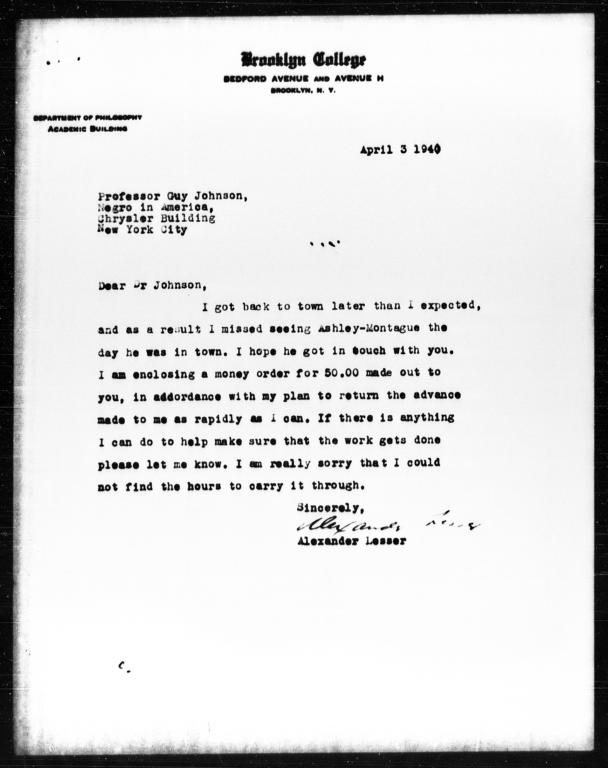 Letter from Alexander Lesser to Guy B. Johnson, April 3, 1940