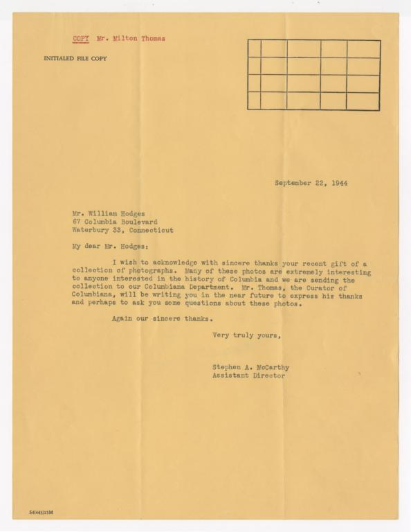 Letter from Stephen McCarthy to William Hodges