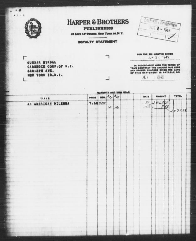 Royalty statement from Harper & Brothers to Gunnar Myrdal, October 1, 1945