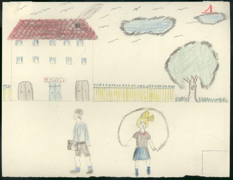 I Have Drawn A School And Two Children Going To School, A Girl And A Boy;  The Girl Is Jumping And The Boy Is Carrying His Schoolbag.