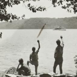Boys Waving at Boat from Shore