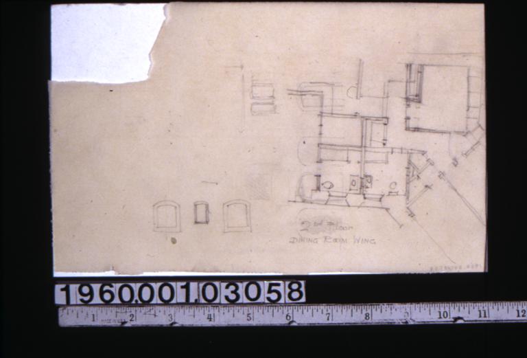 Sketch of plan of 2nd floor dining room wing\, detail sketches of windows
