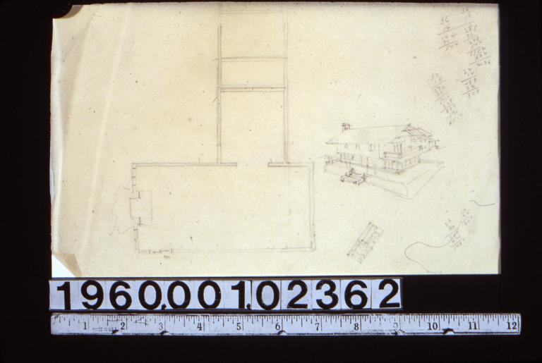 Sketch of floor plan\, perspective sketch of house\, unidentified sketch