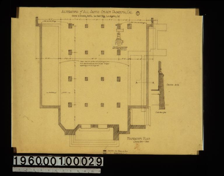 Foundation plan of vestibule end of church; two sections through foundation : No.1.