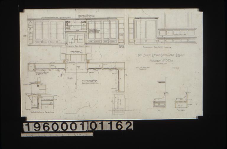 1 inch scale details of bookcases in library -- elevation of west side\, elevation ... north side\, vertical section on center line\, plan\, oak seat in end elevation and section : No. 69.