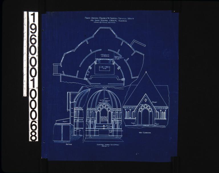 Plans showing change of the Cravens memorial window -- plan\, section\, elevation looking east (interior)\, west elevation.