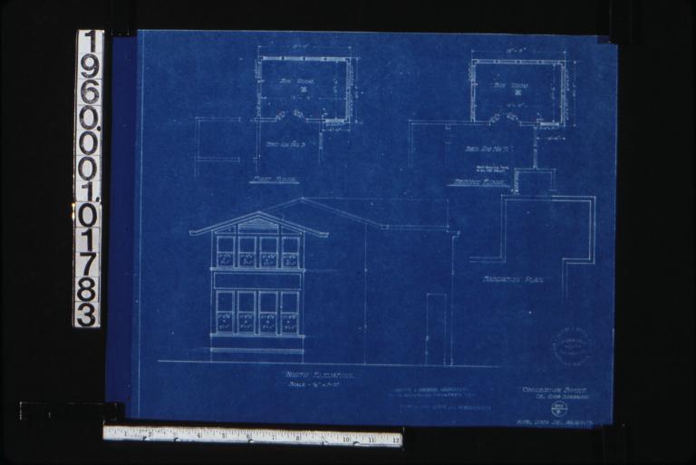 First floor plan showing bedrm. no. 3 and sun room\, second floor plan showing bedrm. no. 7 and sun room\, foundation plan showing same area as other two plans\, north elevation showing exterior of sun rooms : 9\,