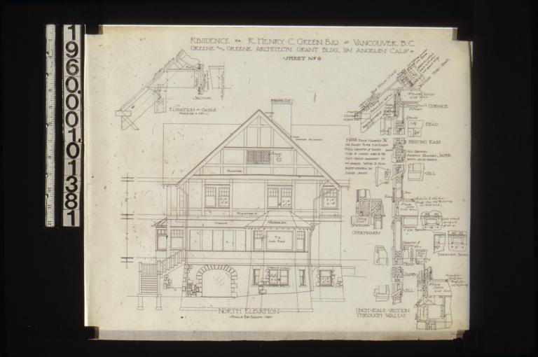North elevation; elevation of gable; 1 inch scale section through wall with various detail drawings : Sheet no. 6.