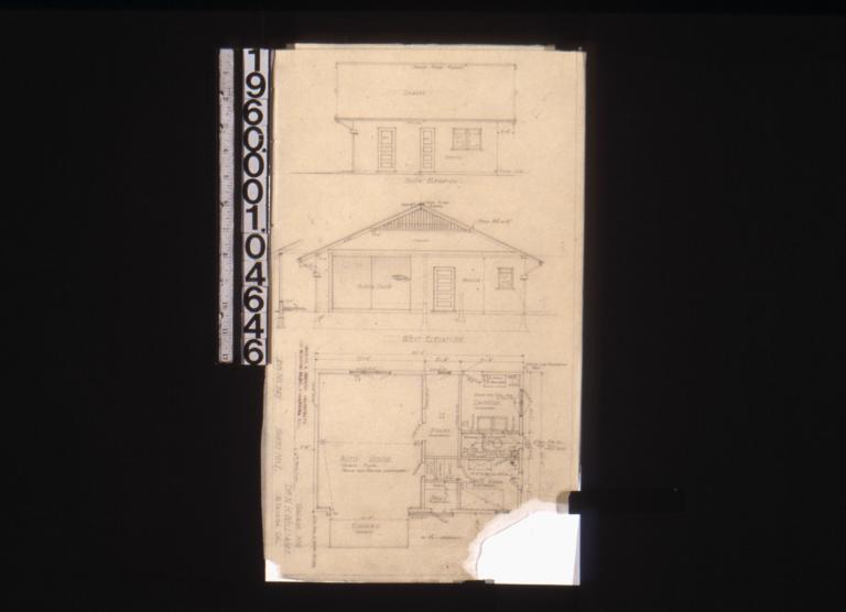 South elevation; west elevation with section through wall; floor plan : Sheet no. 1.