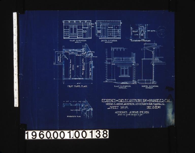 Alternate scheme for den -- east elevation of interior\, south elevation of interior\, side and front elevations of fireplace\, first floor plan\, east elevation of exterior\, north elevation of exterior\, foundation plan : Sheet no. 8\,