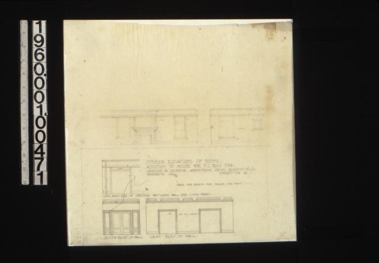 Interior elevations of rooms -- west side of living room\, norht side of living room\, living room side of openings between hall and living room\, south elev' of hall\, west elev' of hall : Sheet no. 14.