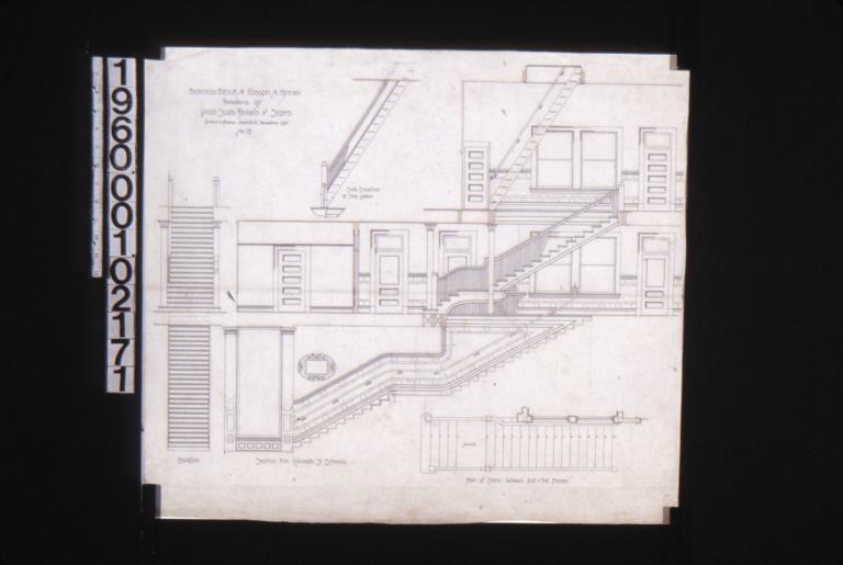 1/2 inch scale details of stairs -- elevation\, section thro' Colorado St. entrance\, plan of stairs between 2nd & 3rd floors\, side elevation of step ladder : No. 19.