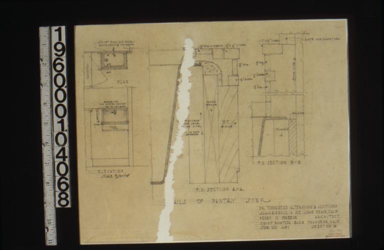 Details of pantry sink -- plan\, elevation\, F.S. section A-A\, F.S. section B-B : Sheet no. 14.