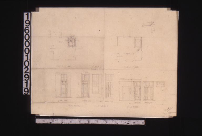 Dumbwaiter -- first floor and vault floor plans\, first floor and vault floor elevations of enclosure\, rough detail sketches