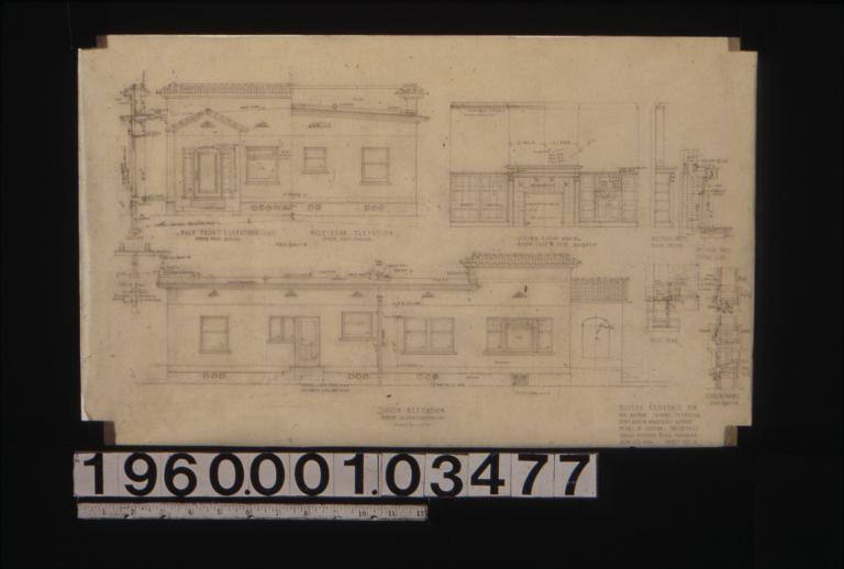 South elevation (north elevation similar); section through front wall\, detail drawings of center wall\, half front (east) elevation (other half similar)\, half rear elevation (other half similar); elevation of living room mantel\, bookcase & desk; section thro' book shelves\, section thro' center line\, half plan; section through window frames : Sheet no. 3. (2)