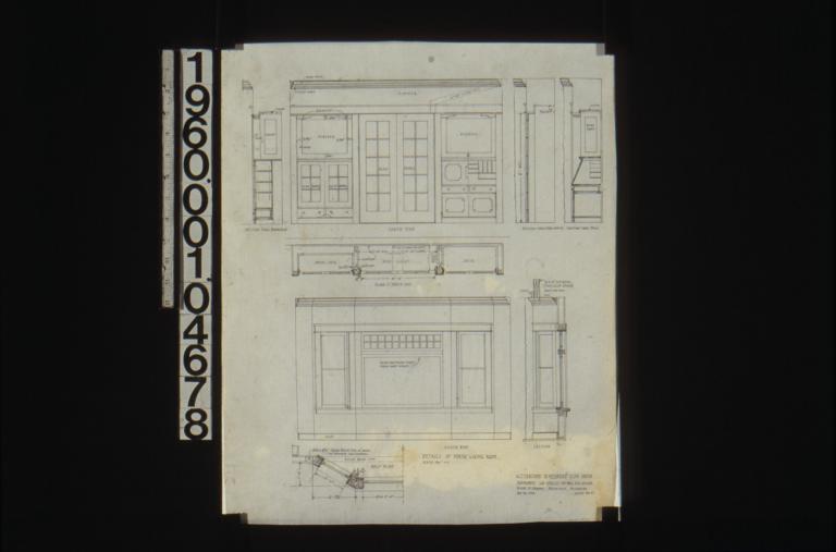 Details of north living room -- section thru bookcase\, elevation of south end\, plan of south end\, section thru bed space\, section thru desk\, elevation of north end\, section of north end\, half plan of north end : Sheet no. 5.