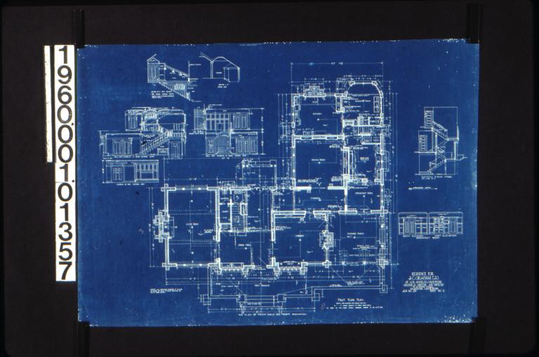 First floor plan; section B-S thru billiar rm. stairs looking north\, section L-E looking east\, hall and elevation of stairs looking south\, elevation of hall looking east\, west elevation of billiard room stairs\, hall and elevation of stairs looking west\, elevation orf rear stairs on line R-S\, south elevation and west elevation of breakfast room : Sheet no. 2.