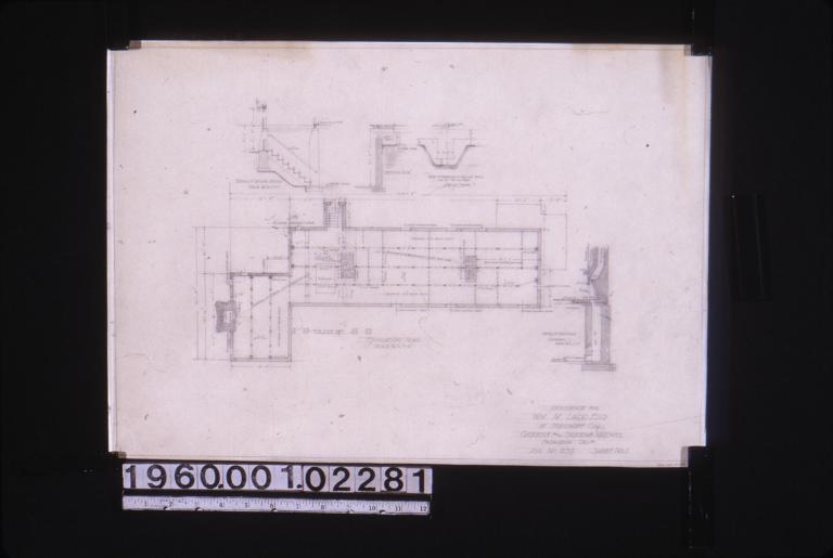 Foundation plan; detail of cellar stairs; section "A-A"; view of opening in cellar wall (as at "B" on plan); detail of bedroom chimney : Sheet no. 1.