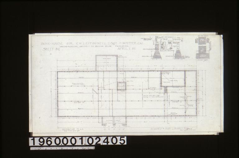 Foundation plan; foundation details -- typical wall section\, elevation of vent\, section of vent\, girder post footings (except where otherwise indicated on plan)\, chimney footing : Sheet no. 1\,
