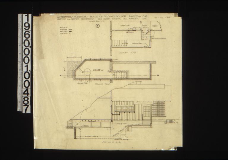 Alterations and additions -- partial ground plan\, partial cellar plan\, section at A-B : 1 /