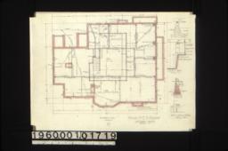 Foundation plan\, 1/2 in. scale detail of footings for 8" and 12" brick piers\, section B-C\, section A-B\, detail of chimney footings : No. 1.