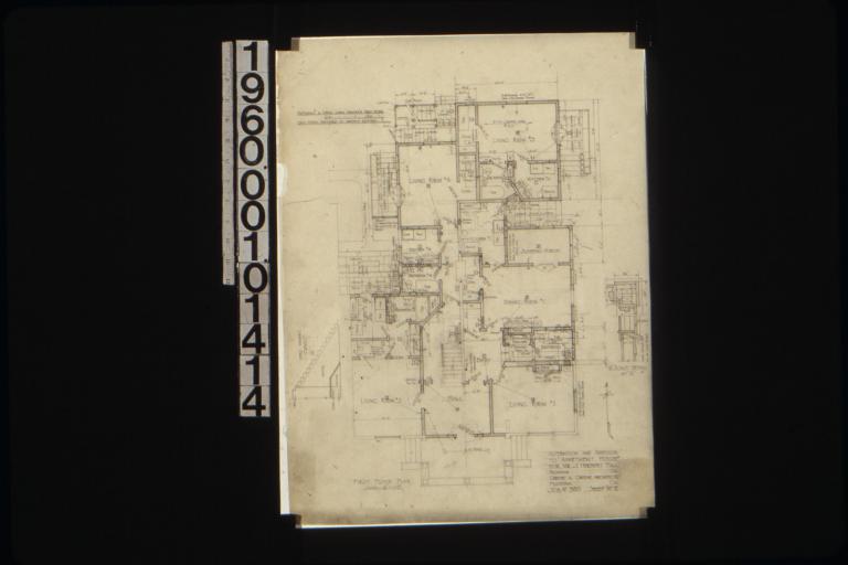 First floor plan\, detail drawing of stairs looking east\, 1 1/2" scale detail at "X" : Sheet no. 2.
