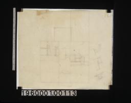 Sketch of second floor plan; three rough sketches -- front elevation\, elevation of stairway\, unidentified subject
