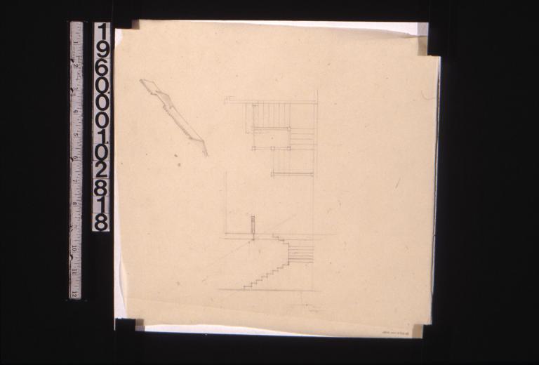 Plan and sketch of stairway\, perspective sketch of roof