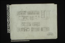 Details of kitchen and pantry in elevations and sections; living room -- south elevation\, west elevation showing side of mantel; line case in bathroom no. 2 -- section\, half elevation; dining room -- west elevation\, north elevation; north elevation of hall; library -- north elevation\, south elevation\, west elevation : Sheet no. 10.