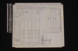 1 1/2 inch scale details of seat and bookcases in living room\, and batten doors -- plan\, section and elevation of seat and bookcases; details of batten doors in front and side elevations : Sheet 6.
