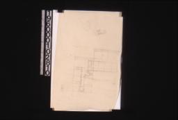 Sketches of floor plan\, perspective view of building\, unidentified detail