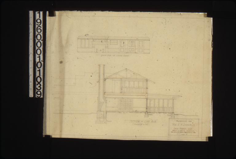 Elevation of north side of living room; section on line "A-A" through house : Sheet E.