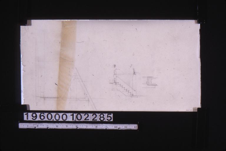 Section through cellar stairs; section through overhanging eve; unidentified detail