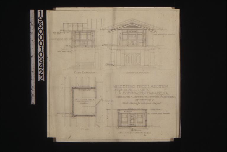 Sleeping porch addition -- east elevation\, south elevation\, plan\, section & interior elev. :nSheet no. 2. (2)