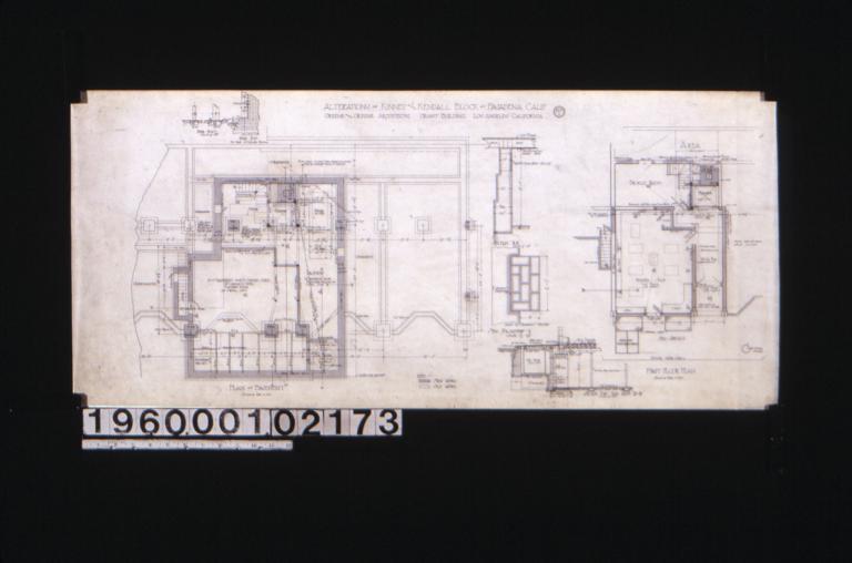 Plan of basement; detail drawings of pier B-10 and pier B-9 (on edge of chimney footing); section "R-R"; detail drawing of new pilasters\, "G"; section thro' tank room\, "D-D"; section thro' tank room\, "D-D"; first floor plan : No.1