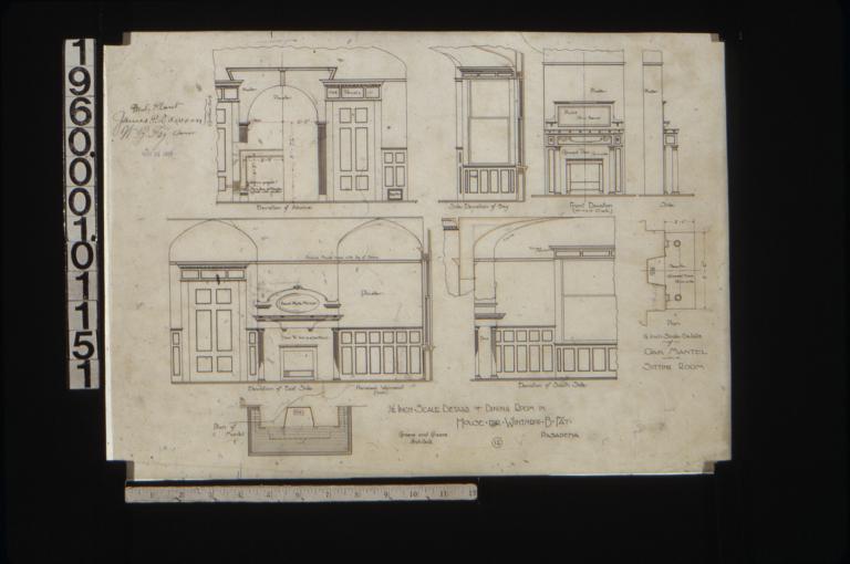 1/2 inch scale details of dining room -- elevation of alcove\, side elevation of bay\, elevation of east side\, elevation of south side\, plan of mantel; 1/2 inch scale details of oak mantel in sitting room -- front elevation\, side elevation\, plan : 12\,
