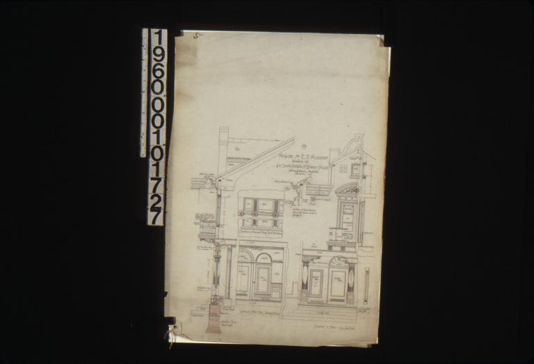 1/2 in. scale details of exterior finish -- section thro' front wall; elevation of second story front windows; elevation of south end of front hall showing front door; section of main cornice showing goose neck to gargoyle; partial elevation of front with section; section of front door; section thro' side light : No. 9.