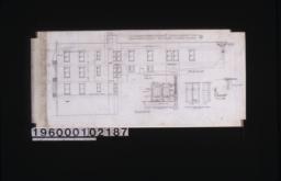 West elevation; section and elevation of lavatory stalls; front and side elevations of coat & wash bowl closets\, detail of closets\, section thro' cornice : No. 8.