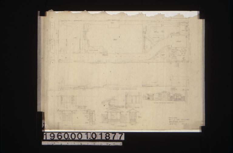Plan of grounds showing layout of garden; elevation of grounds looking north from driveway; trellis details; bird house details; elevation of garage and neighboring structures at east end of house looking east : Sheet no. 1.