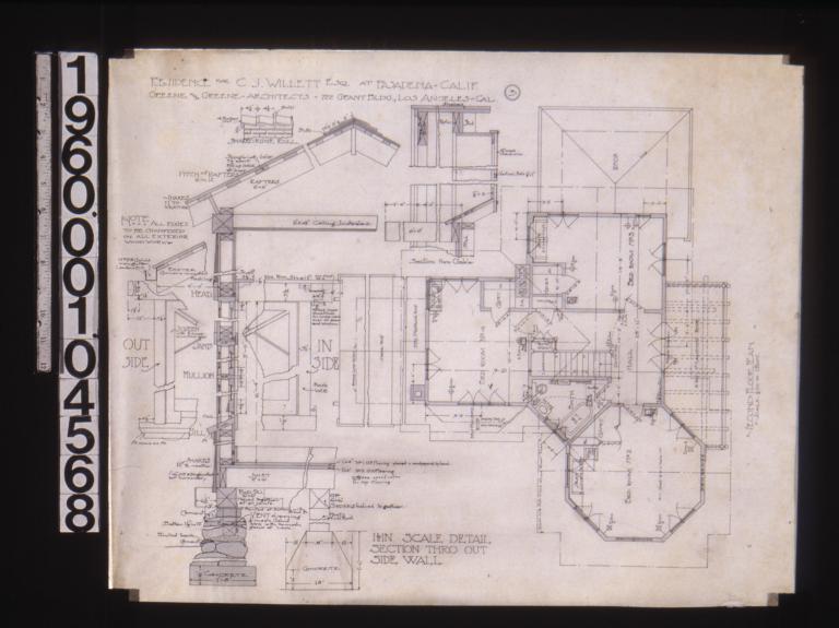 Second floor plan; section thro' outside wall with elevations of outside and inside sash; detail of shaked ridge roll\, section thro' gable : 3.